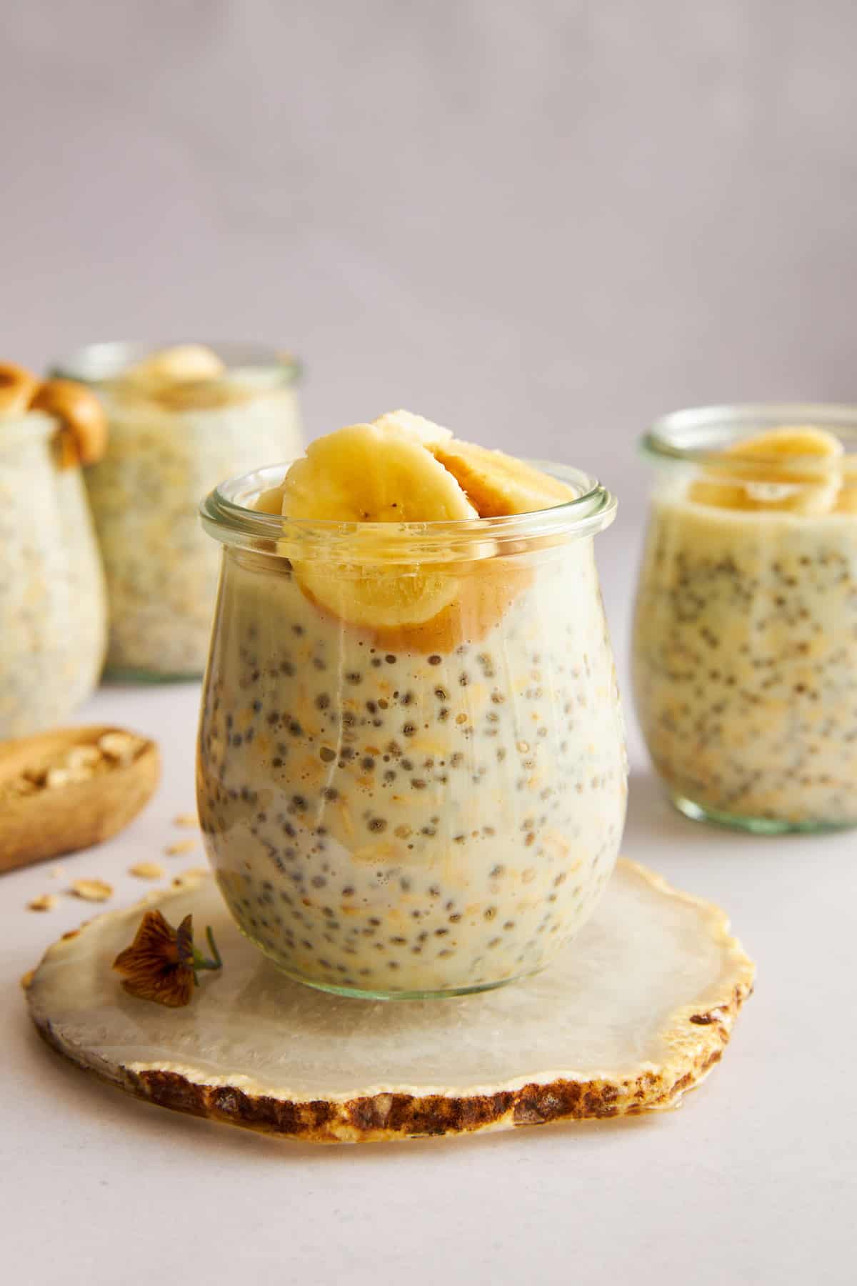 Jars of banana pudding overnight oats. 