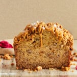 Side view of a loaf of Biscoff banana bread.