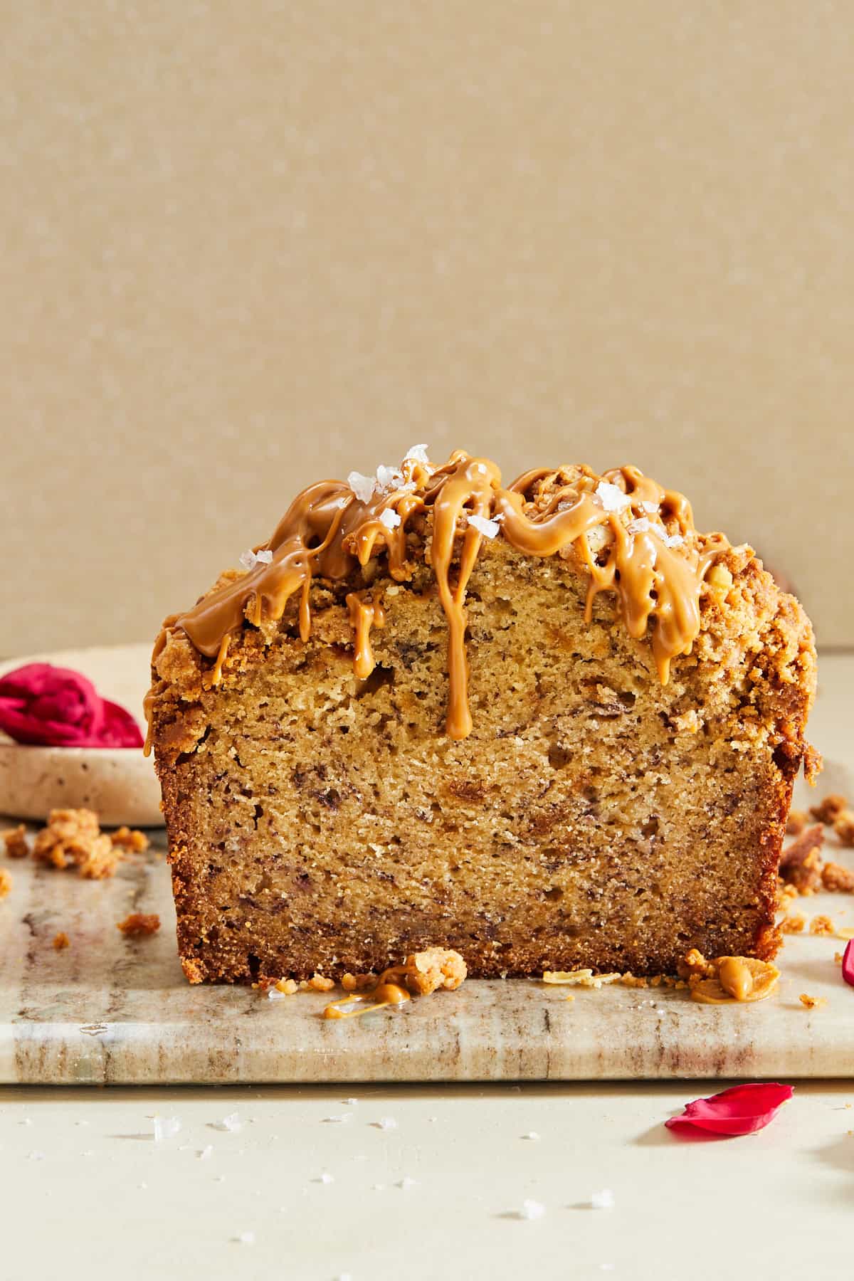 Side view of a loaf of Biscoff banana bread.