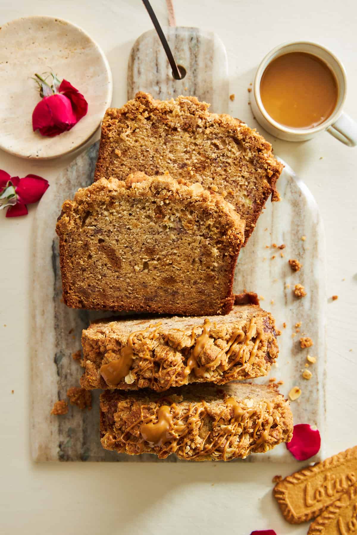 Slices of Biscoff banana bread on a cutting board. 