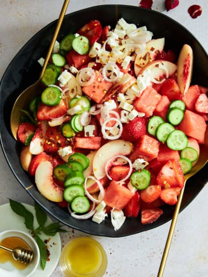 A bowl of watermelon cucumber salad with feta.