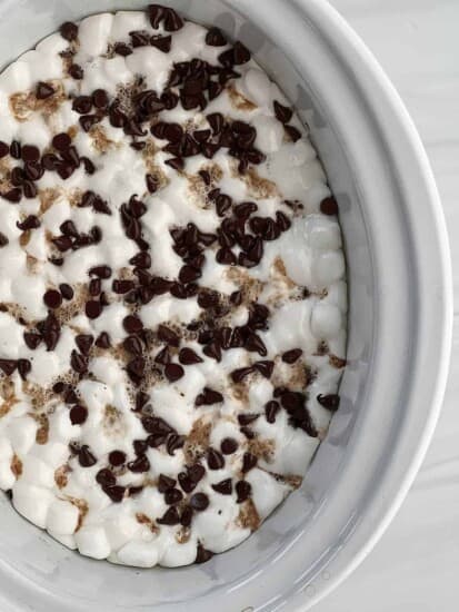 overhead image of s'mores chocolate cake in a slow cooker