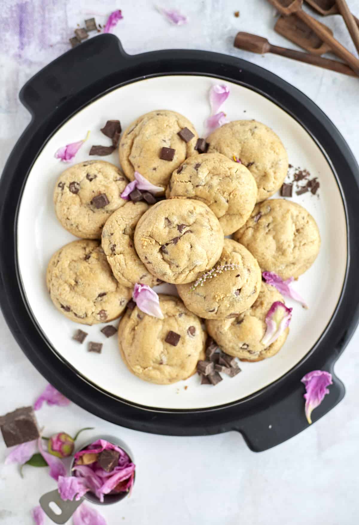 A plate of peanut butter chocolate chunk cookies.