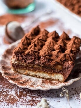 a slice of easy chocolate tiramisu on a plate