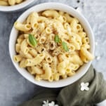 overhead image of a bowl of one pot mac and cheese