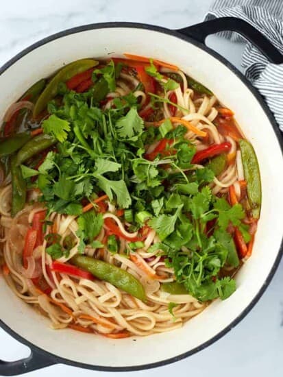 Overhead image of a bowl of vegetarian ramen topped with fresh cilantro.