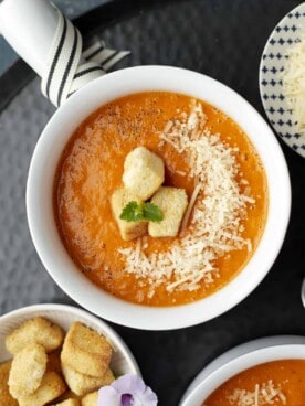 Roasted Tomato Soup with Parmesan Croutons close up.