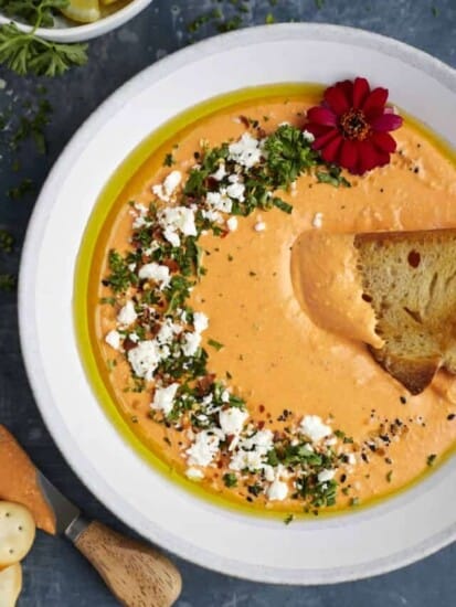 Roasted Red Pepper Whipped Feta in a bowl