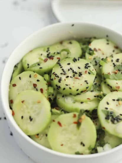 a bowl of asian cucumber salad.