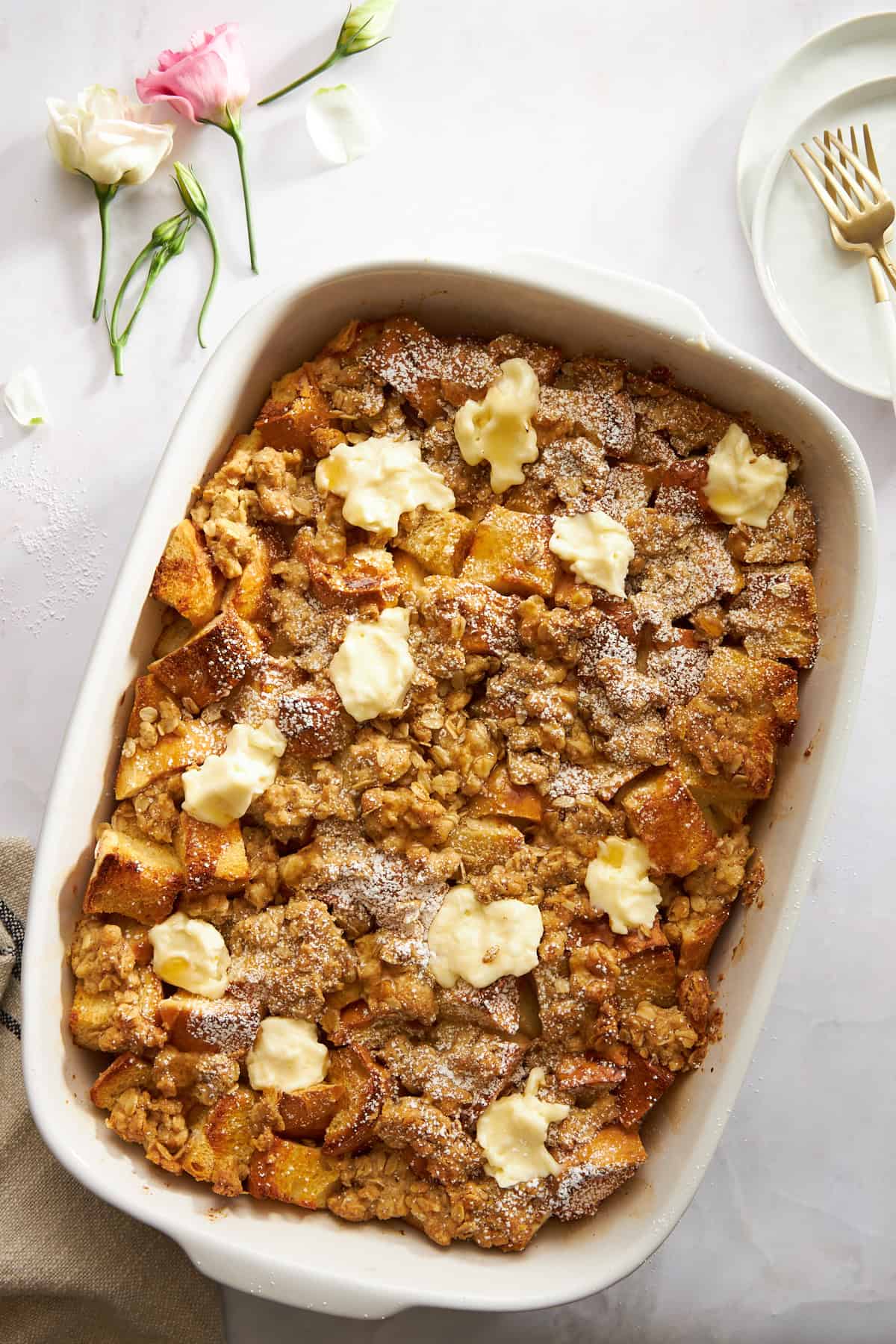 Overhead image of baked cream cheese french toast casserole. 