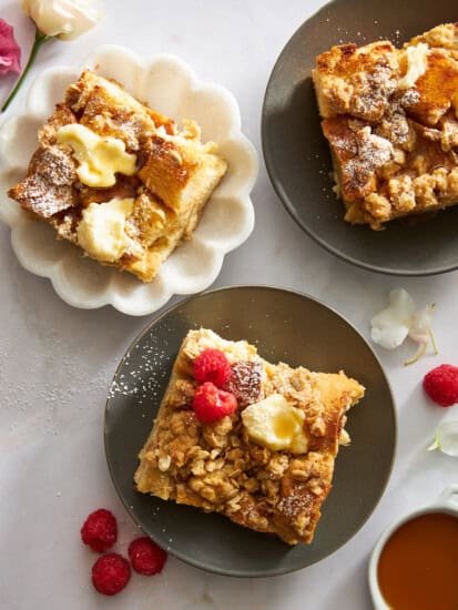 3 slices of cream cheese french toast on plates.