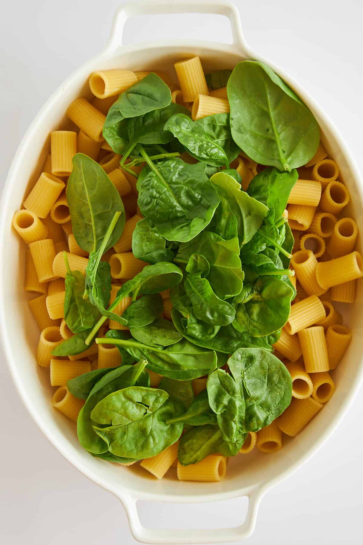 Uncooked rigatoni noodles and spinach in a baking dish. 