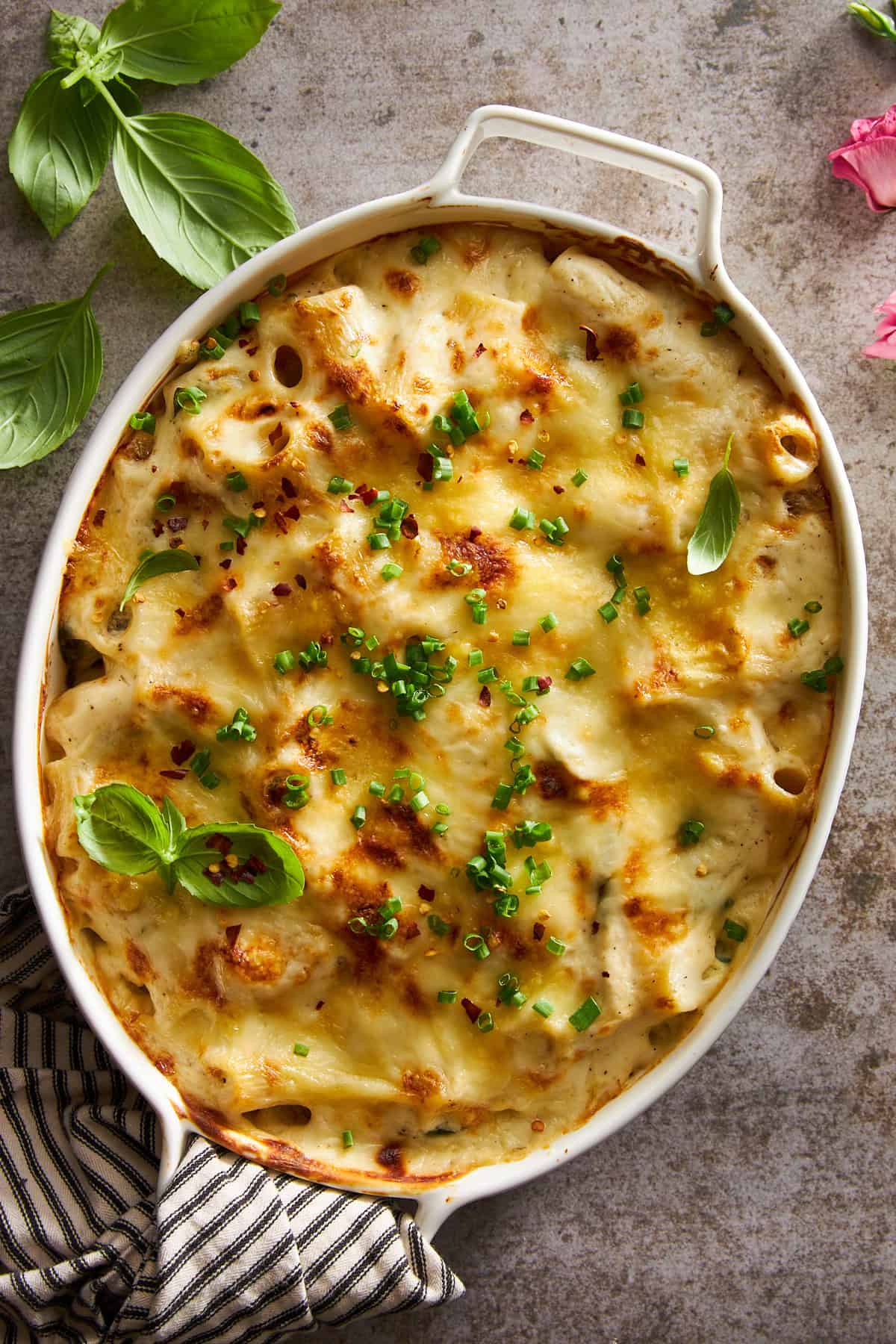 Overhead image of a Chicken Spinach Pasta Bake. 