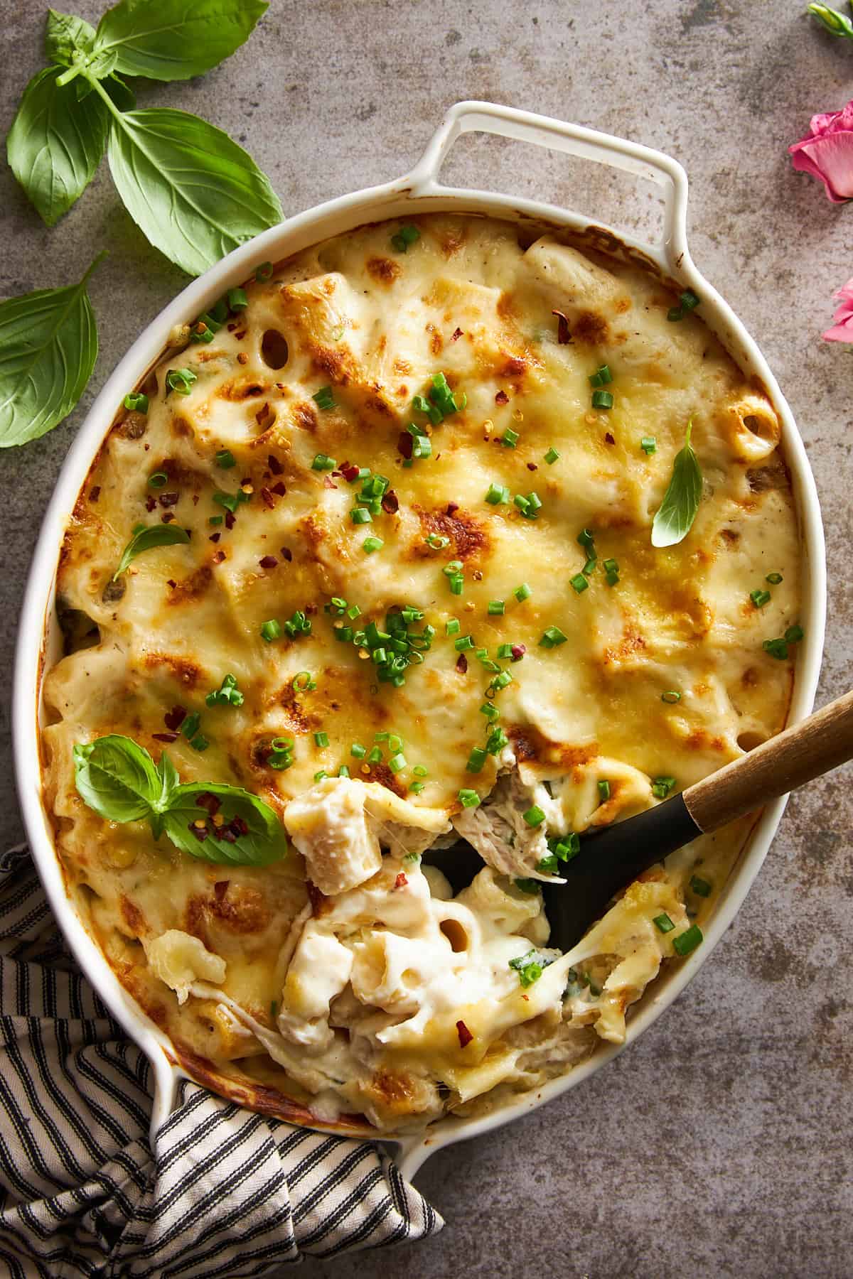 Overhead image of chicken spinach pasta bake.