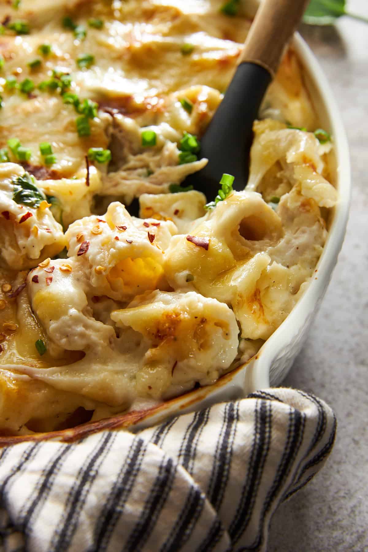 Close up view of chicken spinach pasta bake with a spoon sunk in. 