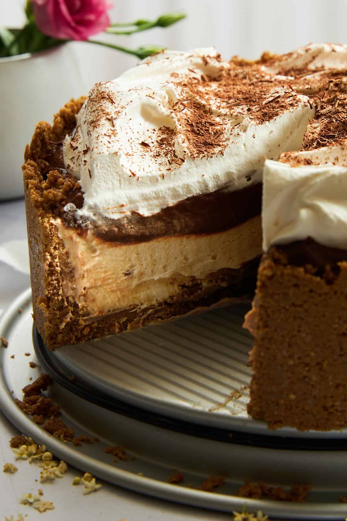 Side view of no-bake chocolate peanut butter pie with a piece missing. 