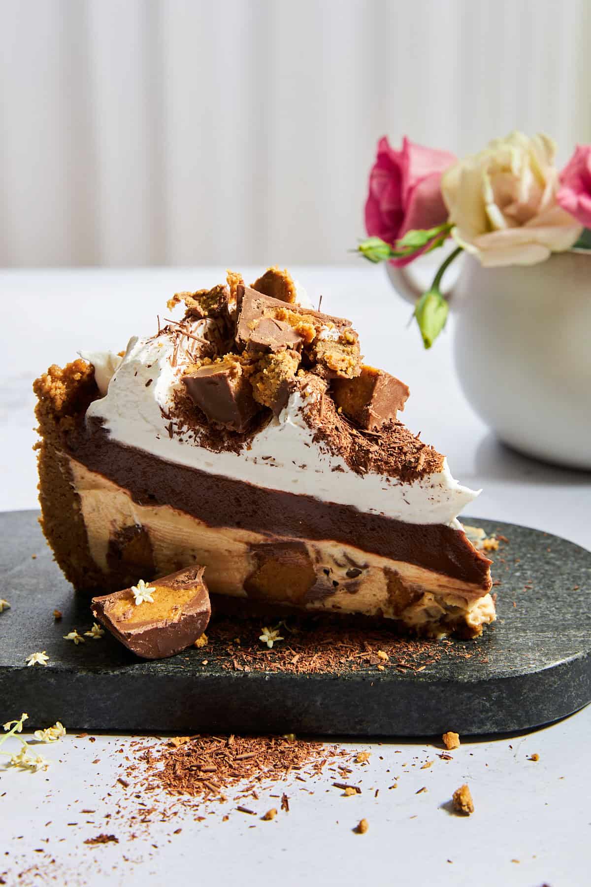 A slice of no-bake chocolate peanut butter pie.