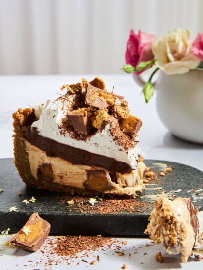 A slice of no-bake chocolate peanut butter pie.