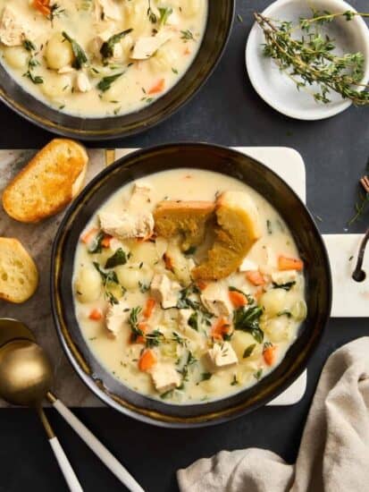 A bowl of copycat Olive Garden chicken gnocchi soup.