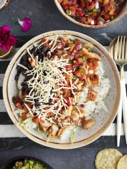 Overhead image of a plate full of a homemade Chipotle bowl.