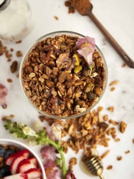 overhead image of a jar of baklava granola