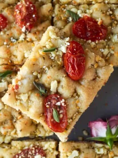 a piece of Easy Focaccia Recipe with Tomatoes