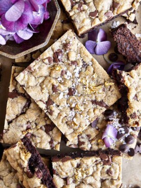 Overhead image of brookie bars topped with Maldon sea salt flakes.