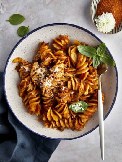 Overhead image of a bowl of one pot taco pasta.