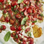 Overhead image of a savory whipped cottage cheese and tomatoes bowl.