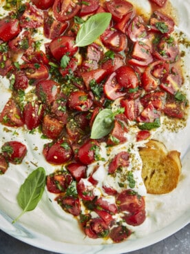 Overhead image of a savory whipped cottage cheese and tomatoes bowl.