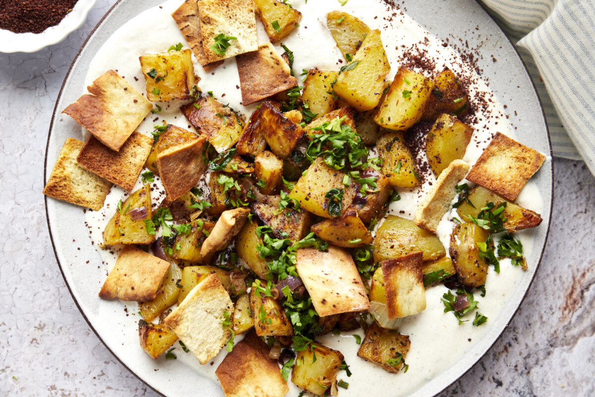 Harissa Potatoes with Whipped Tahini Sauce and Fried Pita - Food Dolls