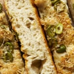 Slices of olive focaccia bread,