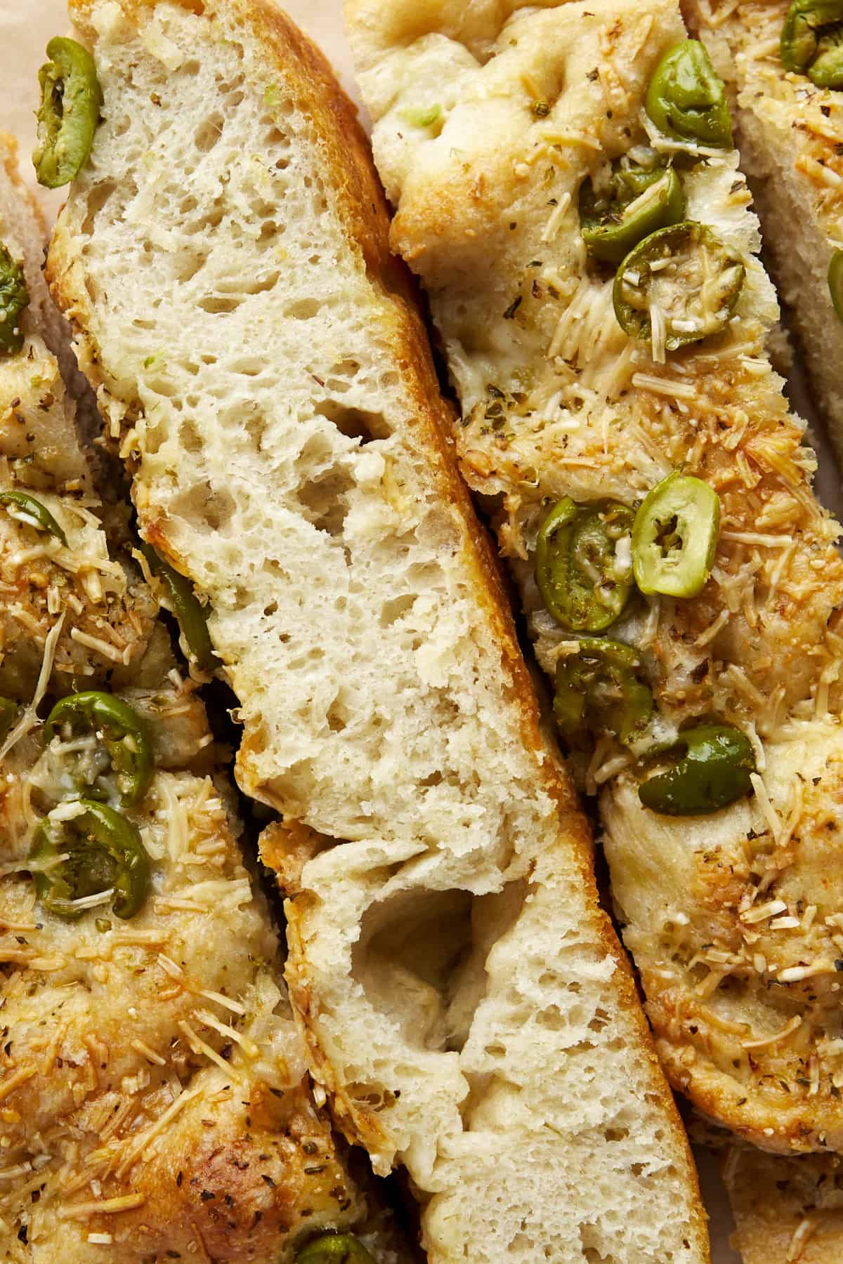 Slices of olive focaccia bread,