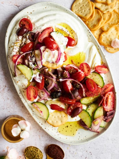 A platter of Greek salad dip.