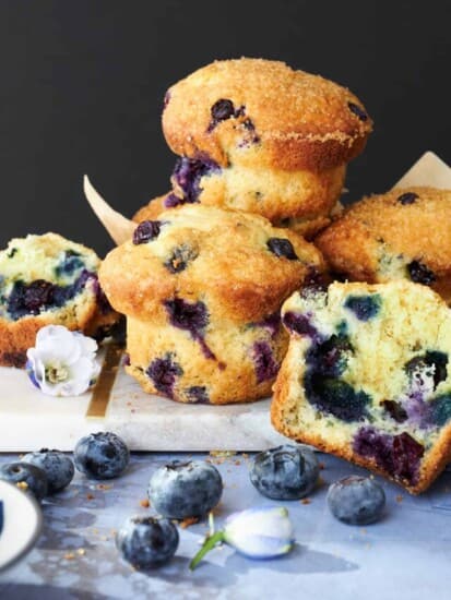 A pile of homemade Starbucks blueberry muffins.