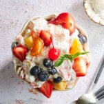 Overhead image of a bowl of ambrosia fruit salad.