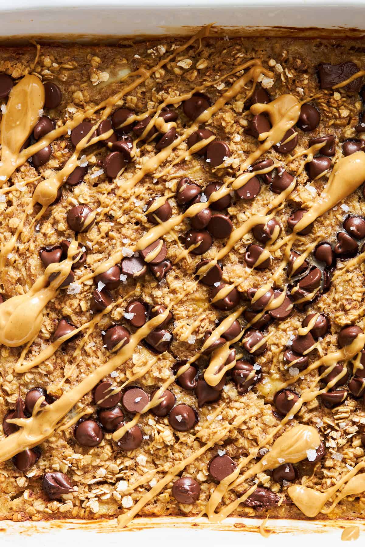 A baking dish full of peanut butter baked oatmeal bars. 