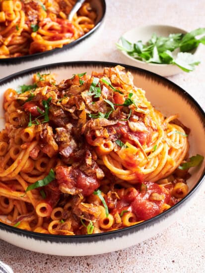 A bowl of koshary Egyptian pasta.