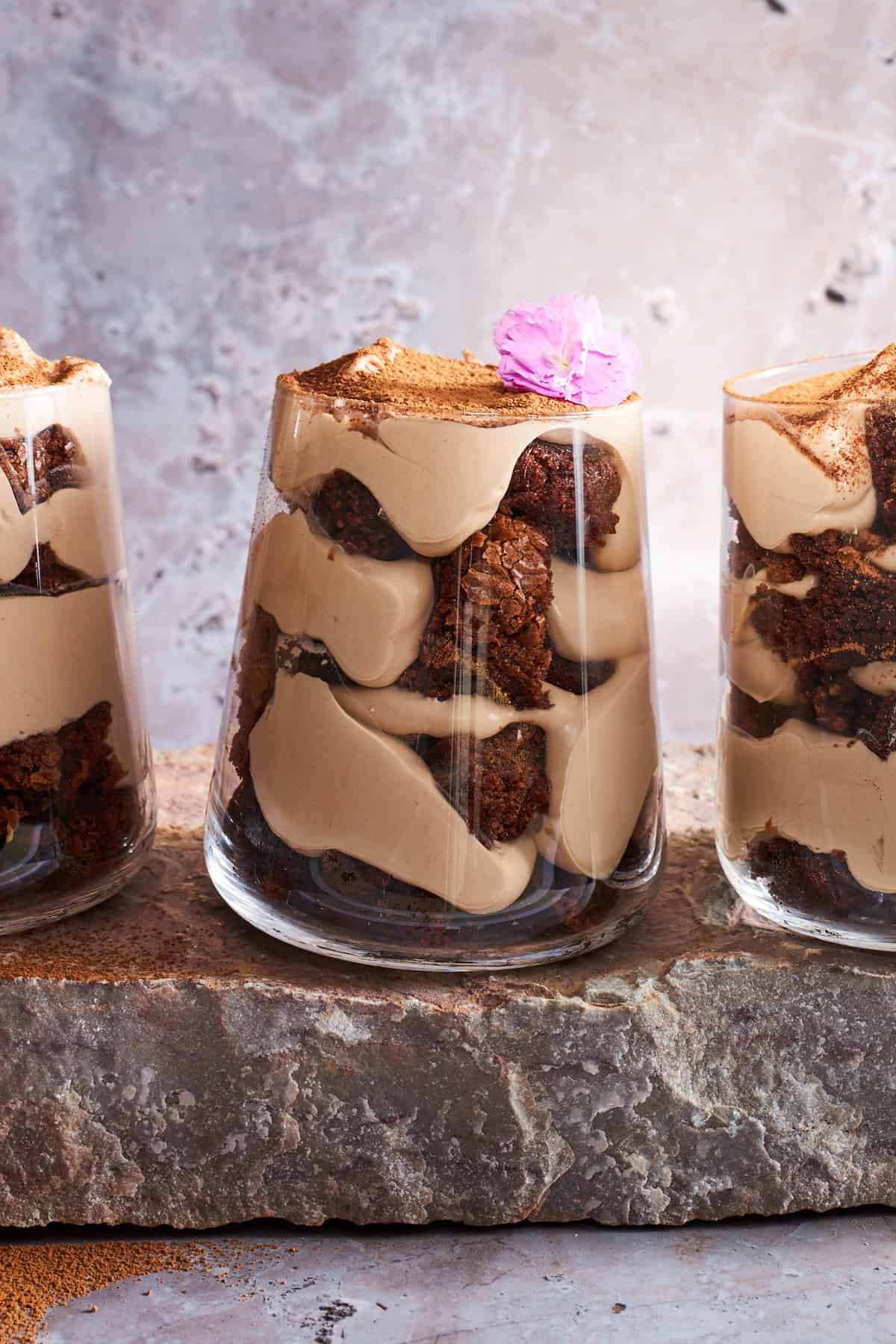 Three tiramisu brownie parfaits.