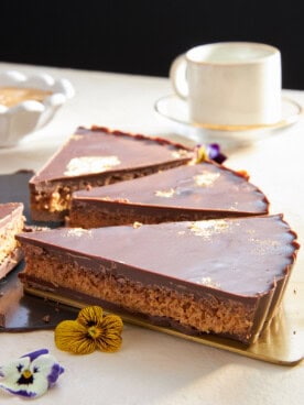 Three slices of chocolate peanut butter kunafa.