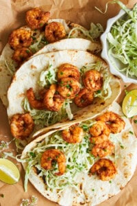 Three blackened shrimp tacos.