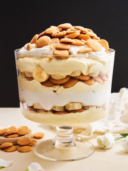 A trifle bowl of homemade banana pudding.