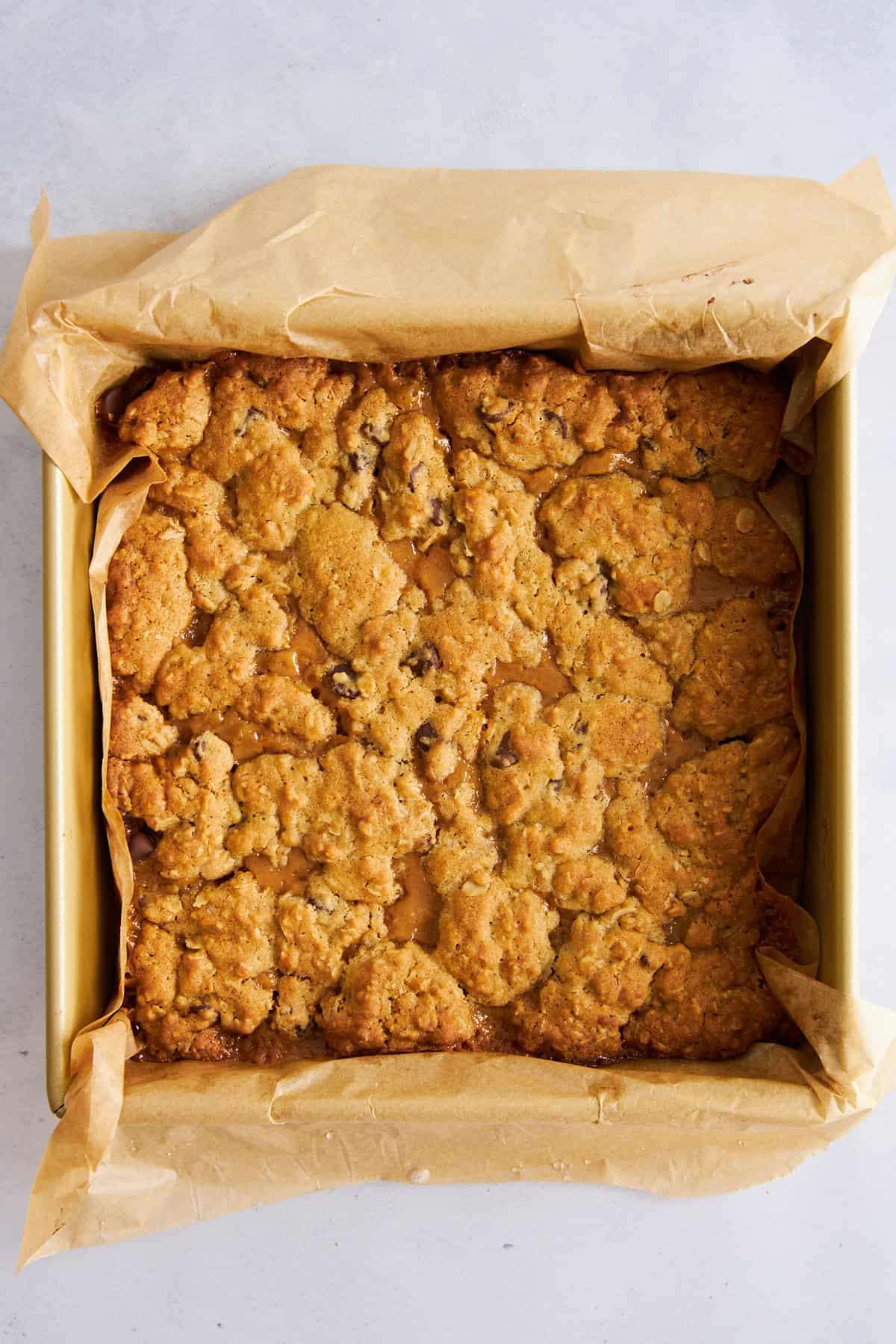 Homemade caramelitas in a baking dish. 