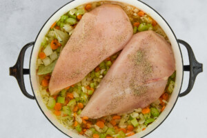 Veggies and raw chicken breasts in a stockpot.