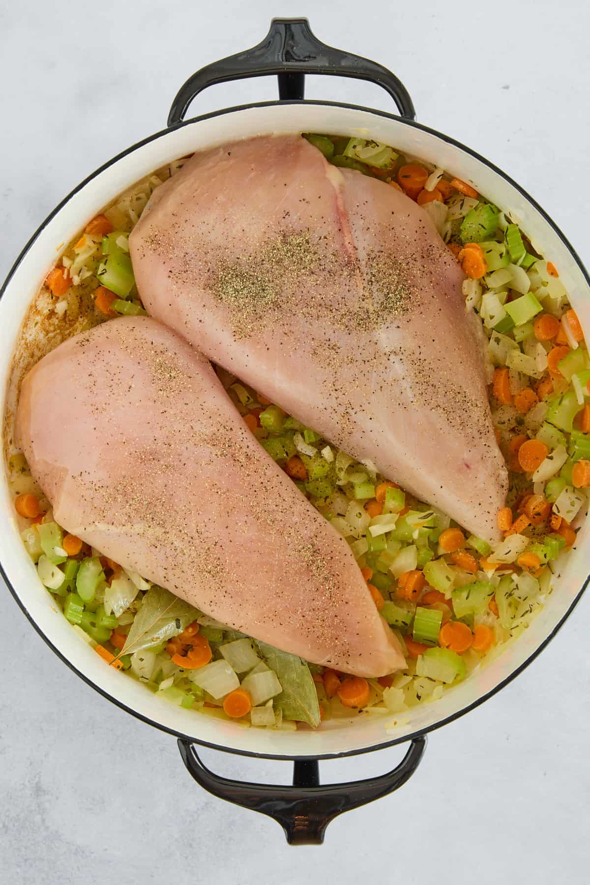 Carrots, onions, celery, garlic, bay leaves, seasonings, and two raw chicken breasts in a pot. 