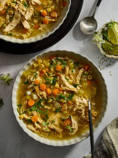 Overhead image of a bowl of easy chicken noodle soup.