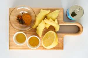 Ingredients for ginger turmeric shots.