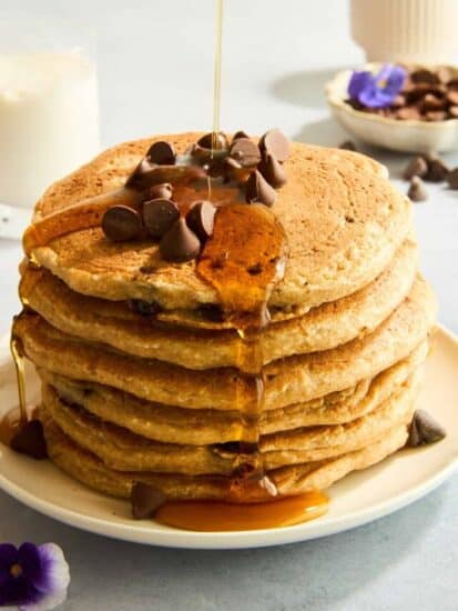 A stack of chocolate chip protein pancakes.