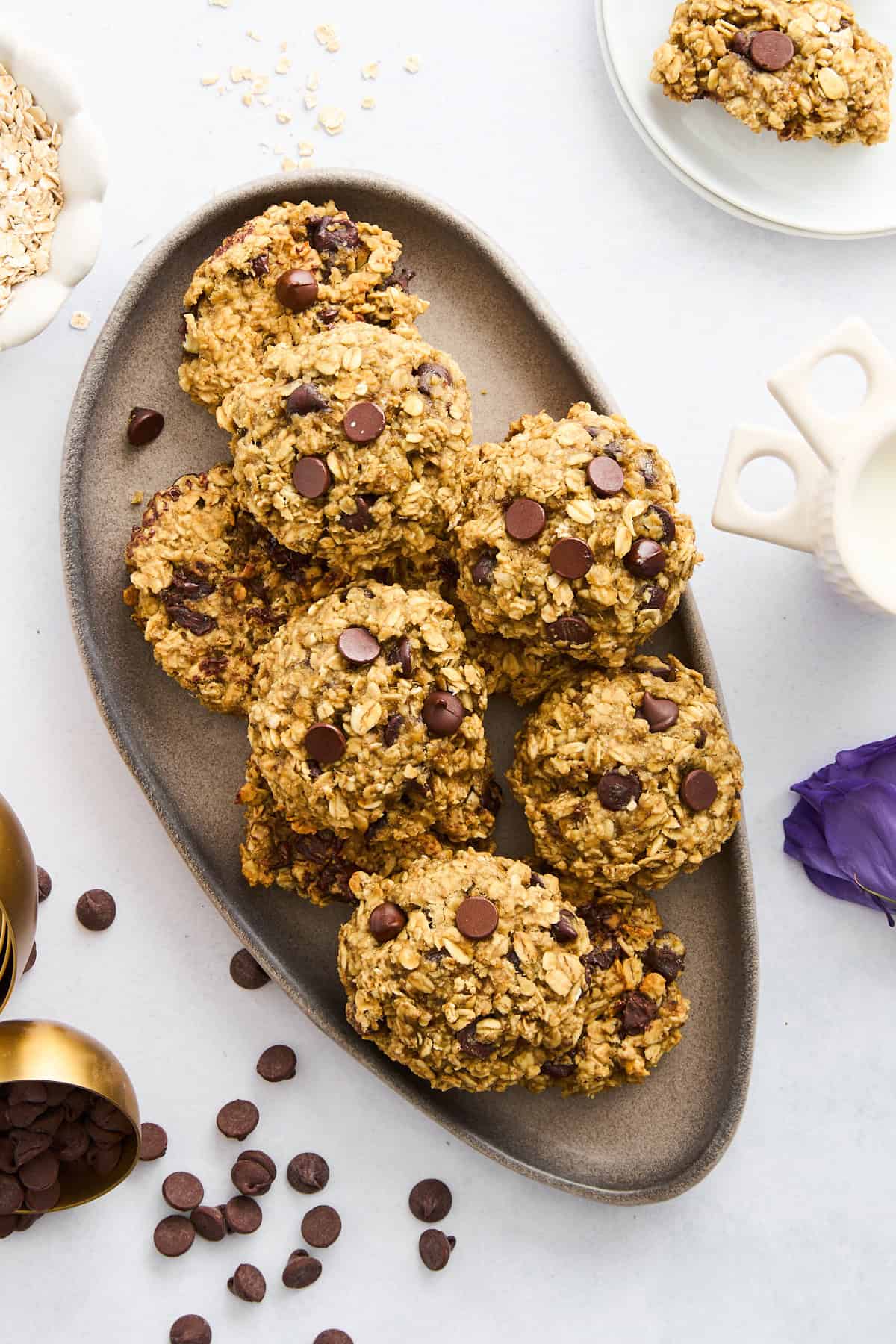 A plate of chocolate chip banana oatmeal cookies. 