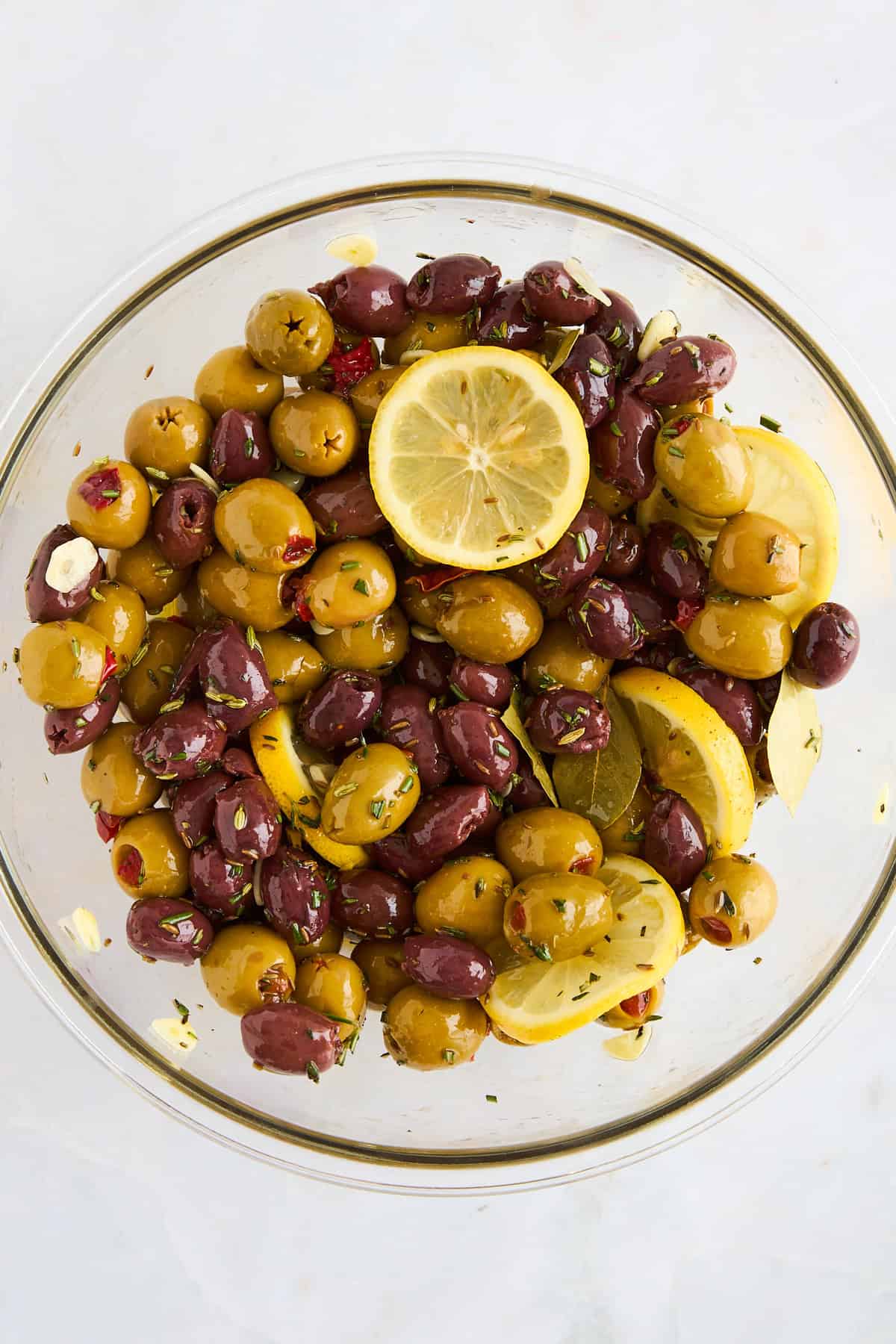 A bowl of marinated olives. 